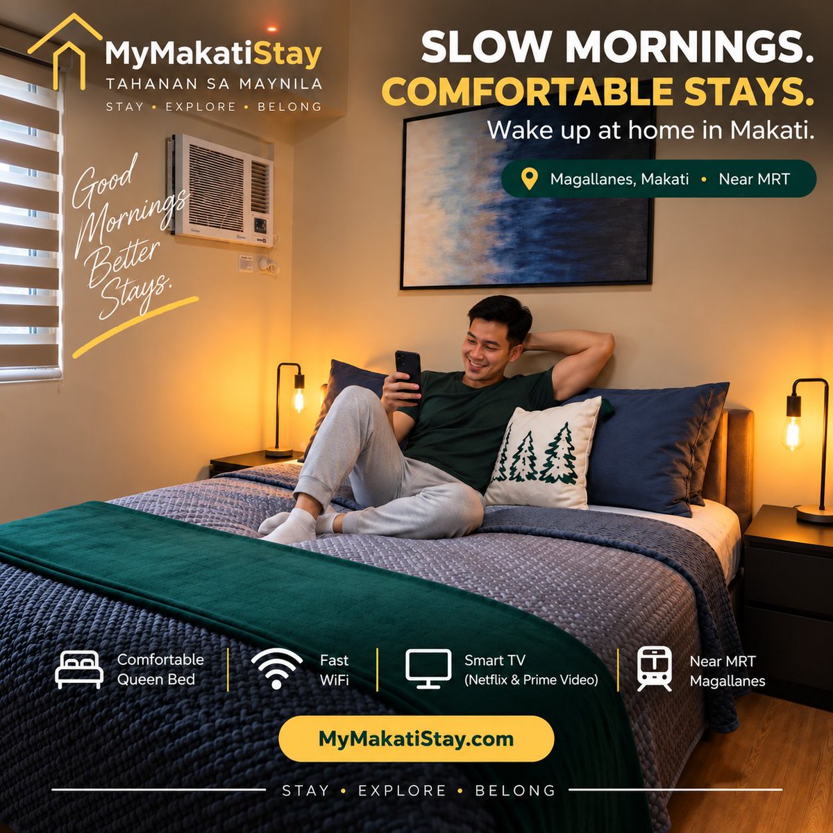 MakatiStay's tweet photo. Some mornings are better when you don’t have to rush. 
Enjoy a comfortable Queen bed, Fast WiFi, Smart TV with Netflix &amp; Prime Video, and a convenient Makati location. 
https://t.co/PmPdtnyCRx
📍 Magallanes, Makati • Near MRT https://t.co/7wygsAuFrG