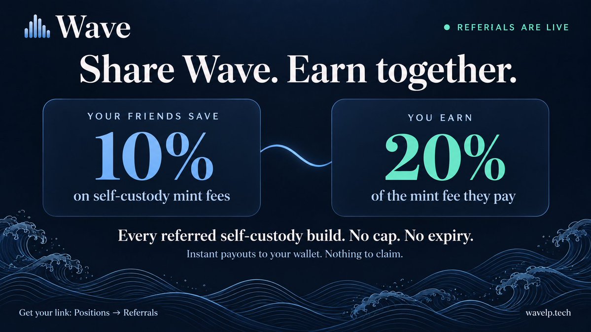 WaveonArc's tweet photo. Wave referrals are live!

Your friends save 10% on self-custody mint fees. You earn 20% of the fee they pay, on every self-custody wave they build

Paid instantly to your wallet. Nothing to claim. No cap, no expiry!

Grab your link under:

Positions → Referrals

Happy Waving! https://t.co/wPaw0KV277