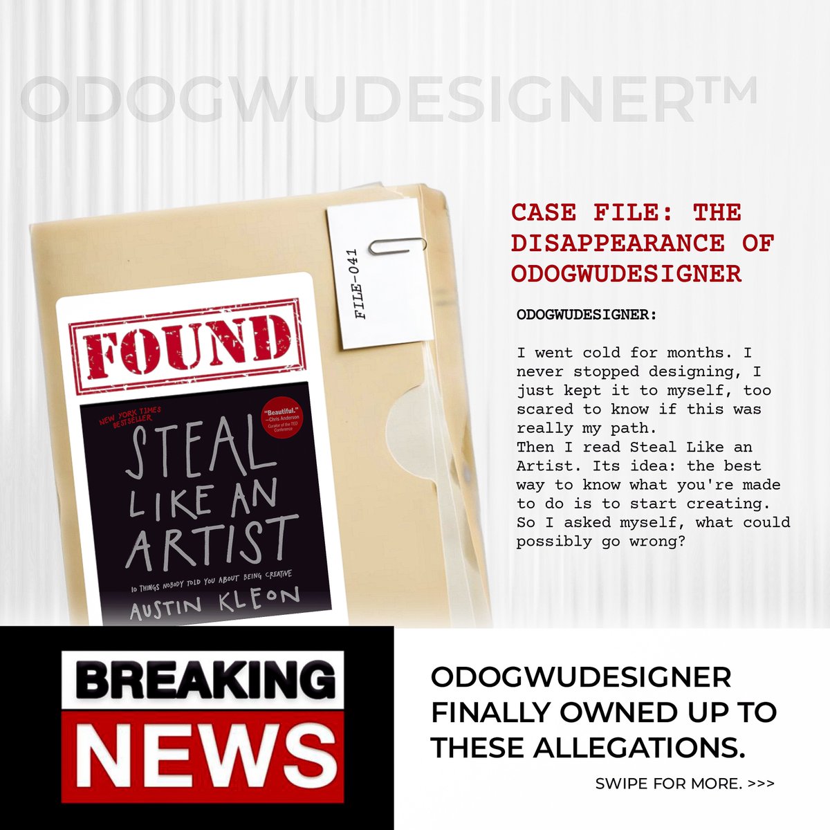 ODOGWUDESIGNER's tweet photo. I never stopped designing. I barely tried new things or put them into practice, and my creativity paid for it.
The truth is, I was scared. What if this wasn't the right path for me? Then I read Steal Like an Artist by Austin Kleon. So I asked myself, what could possibly go wrong? https://t.co/Aj90JARjOD