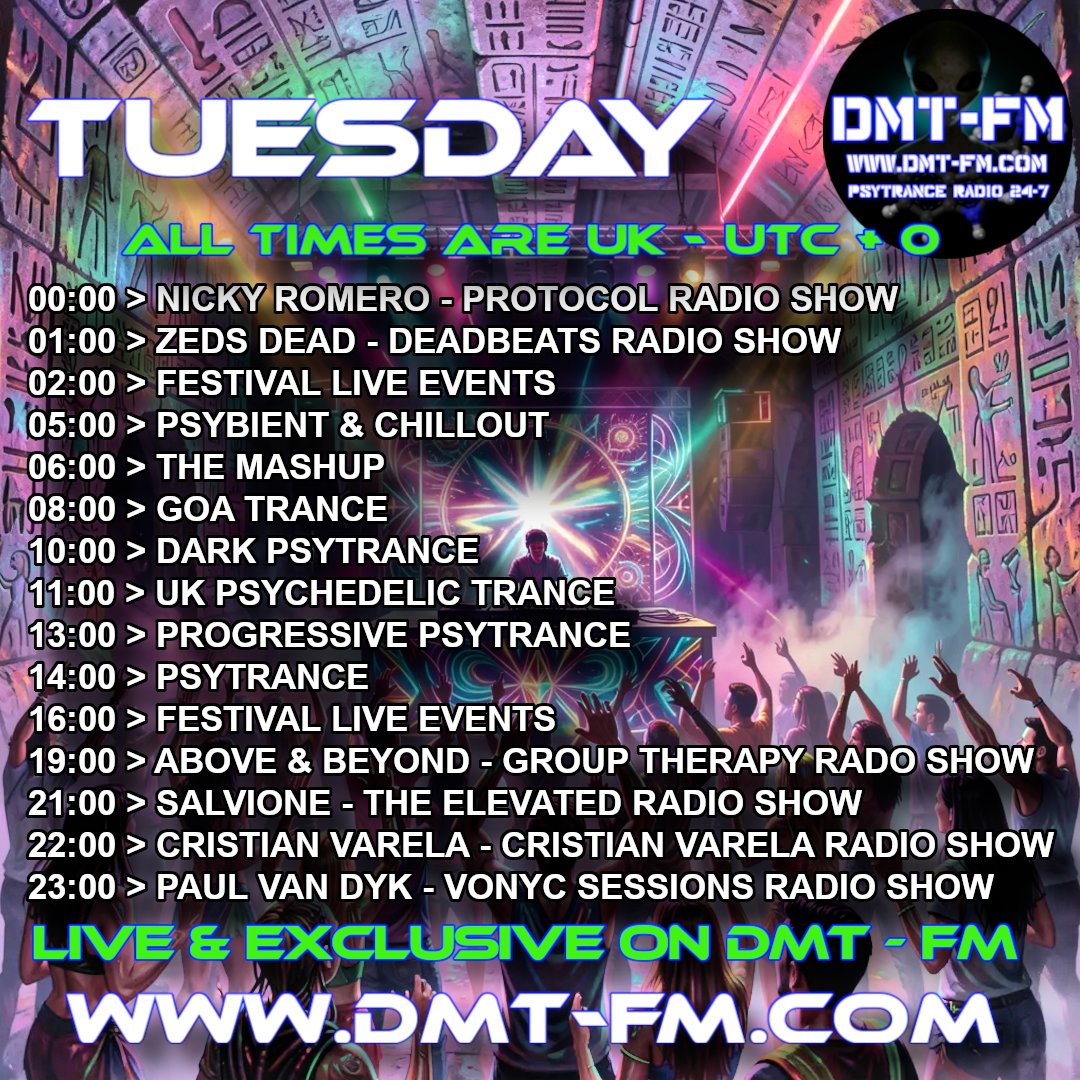 dmtfm_psytrance's tweet photo. Show's on DMT-FM Tuesday, 28/09/2026
DMT FM - Psytrance Radio Broadcasting 24/7
https://t.co/CHceWhUKTe
#psytrance #psytrancemusic #psybient #Goa #EDM #acidtrance #techno #trance #electronicmusic #music #dmtfm #radioshow #radiostation #djlife #djlifestyle #djset #djmix #Tenerife https://t.co/2CUjqR57HB