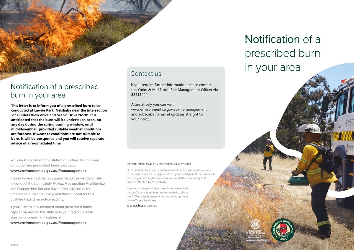 PPRCSA's tweet photo. NOTICE OF PRESCRIBED BURN AT LAWRIE PARK, NELSHABY
A proposed fuel reduction prescribed burn at Lawrie Park, Nelshaby is currently planned by the Department for Environment &amp; Water (dates to be confirmed)
See graphic below for more info or ph 8841 3400. 🔗https://t.co/Cds9fOiZPe https://t.co/yC9gMqp05G