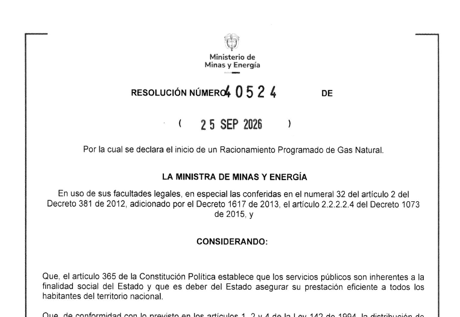NormatividadCEL's tweet photo. RESOLUCIÓN 40524/2026 Por la cual se declara el inicio de un Racionamiento Programado de Gas Natural https://t.co/h8NY3OJrax https://t.co/JPg3P40y9e