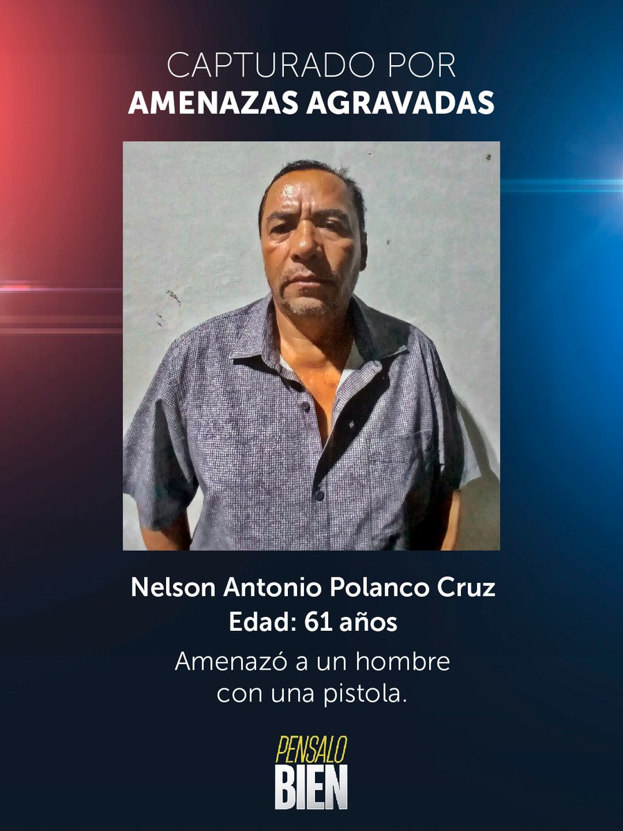 PNCSV's tweet photo. Con arma en mano amenazó a un hombre que se conducía a bordo de un vehículo junto a su familia.

Ocurrió sobre la calle del cantón Joya de Cerén, en San Juan Opico, La Libertad Centro y quedó registrado en un video.

El sujeto fue identificado como Nelson Antonio Polanco Cruz, de 61 años de edad, quien discutía con otras personas en la calle, cuando vio el vehículo se abalanzó sobre él.

Ante la denuncia, acudimos de inmediato al lugar, le incautamos la pistola y será remitido por el delito de  amenazas agravadas.

Si actuás de forma violenta deberás responder por tus acciones.

Pensalo bien.