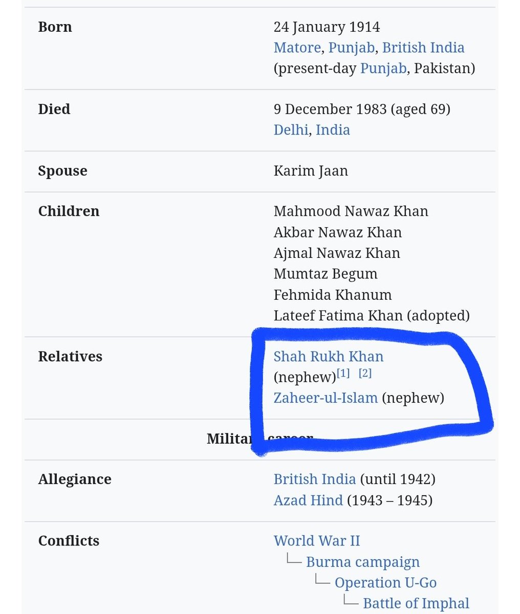 supersayan68200's tweet photo. Something interesting i found, Shah Nawaz khan, the second in command to Subash Chandra Boses INA had 2 nephews,  One is the Bollywood actor Shah rukh khan and the other is a lieutenant general in Pakistan army and Director General of ISI. https://t.co/Eayq5z3c1p