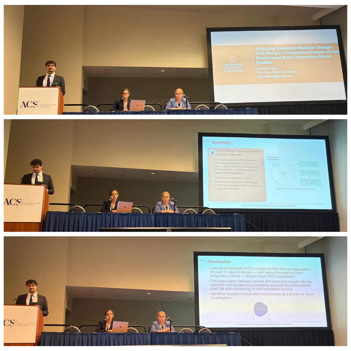 JuliaColemanMD's tweet photo. A great day @AmCollSurgeons Clinical Congress #ACSCC26! Highlights: @Ohio_ACS chapter breakfast, @OhioStateSurg all-star resident Dr. Aldridge presenting our case at spec cases & my superstar lab mentee (undergrad!) Andrew presenting our work on cold stored platelets! #ColemanLab https://t.co/cB60zep4mw