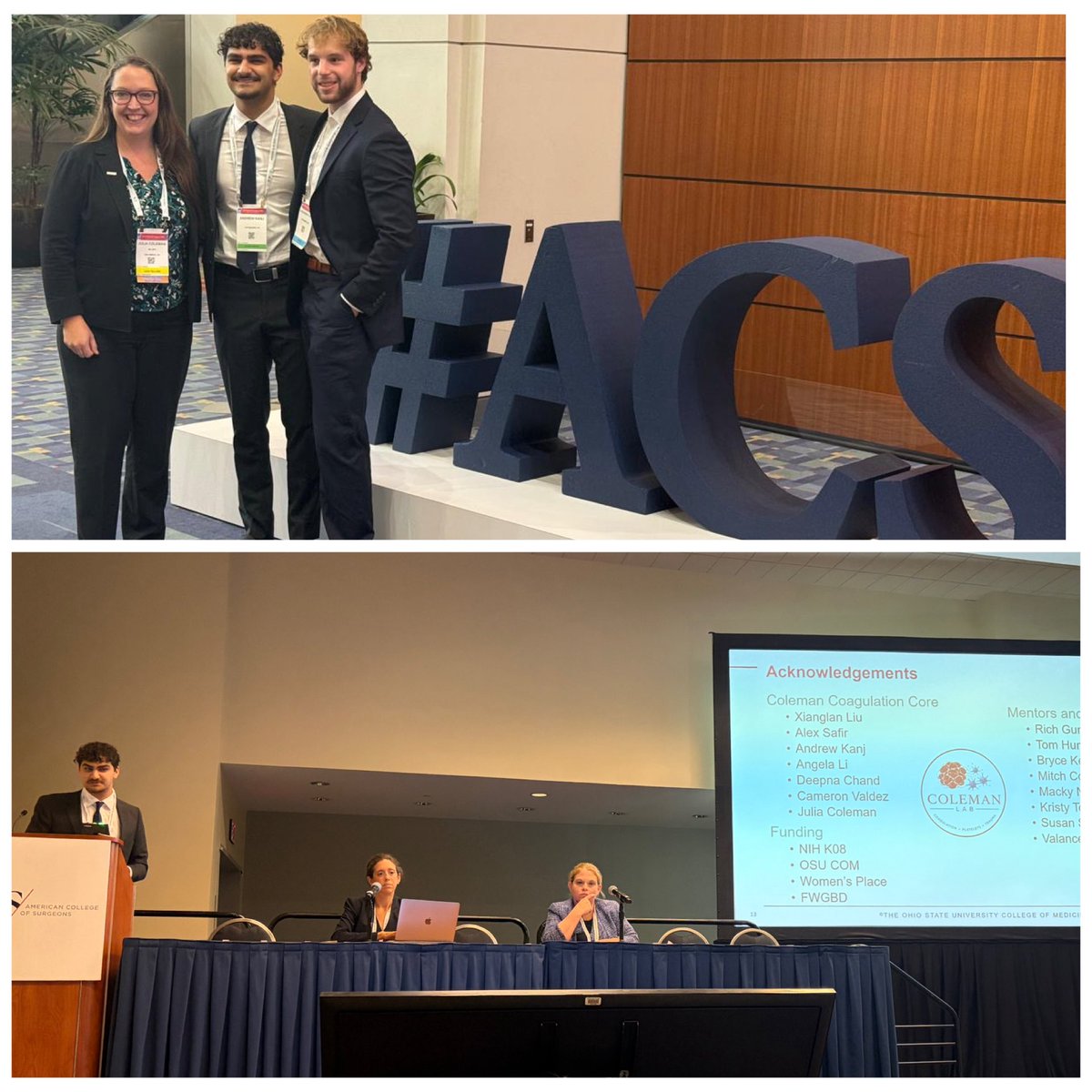 JuliaColemanMD's tweet photo. A great day @AmCollSurgeons Clinical Congress #ACSCC26! Highlights: @Ohio_ACS chapter breakfast, @OhioStateSurg all-star resident Dr. Aldridge presenting our case at spec cases & my superstar lab mentee (undergrad!) Andrew presenting our work on cold stored platelets! #ColemanLab https://t.co/cB60zep4mw