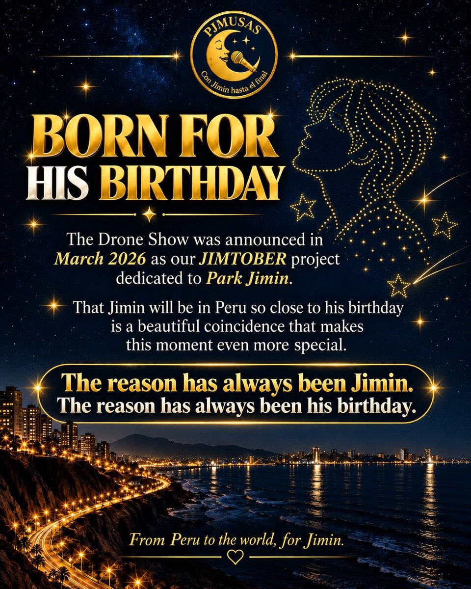 JIMIN_RECORD13's tweet photo. Jimin Birthday Drone Show 🌌✨

This special drone show in Peru will feature 350 drones and run for up to 15 minutes. It is a project that @pjmusas_events has been preparing since March.

The technical contract with drone show producer CYBERDRONE has now been officially finalized, and production and coordination are currently underway.

International fundraising closes on September 30. So far, US$3,611.15 has been raised toward the final goal of US$8,000, reaching 45.14%.

Please show your support and help make this special drone show, which will beautifully light up the Peruvian night sky for Jimin, a reality. 💛✨

💰DONATION

🌎 PAYPAL: https://t.co/C3goOx3ce1

🇵🇪 PERU
Plin: 956244309 (Judith Villag)

BBVA: 0011-0190-0200930856
CCI: 011-190-000200930856-66
(Judith y Sofia)

BCP Soles: 19318577866019
CCI: 00219311857786601919
(Flor y Judith)
