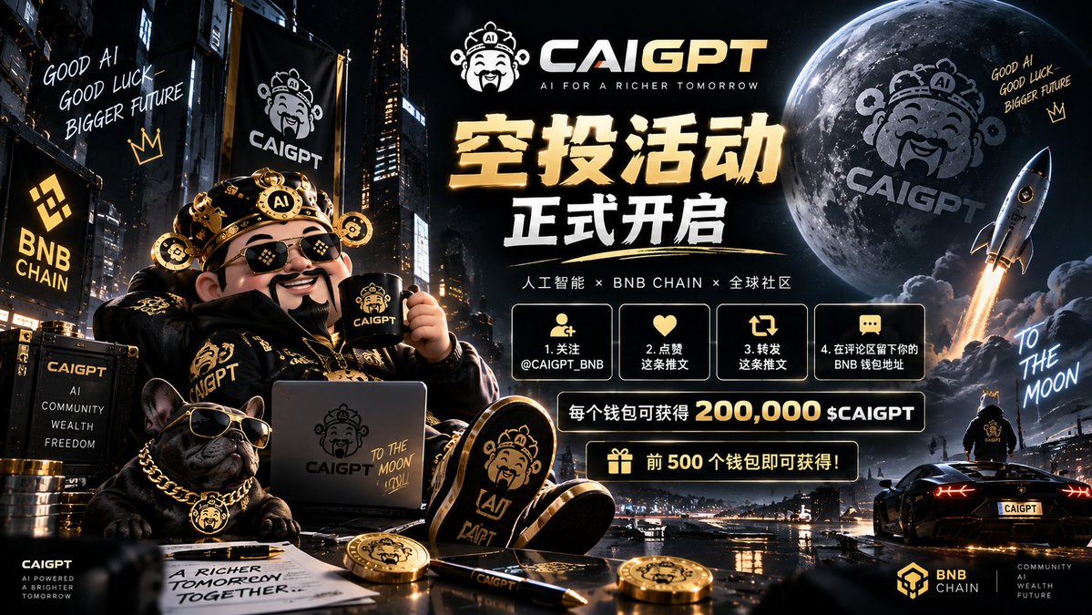 CAIGPT_BNB's tweet photo. 🚨 $CAIGPT 空投开始了。

前 500 个钱包：200,000 $CAIGPT 🔥

关注 + 转发 ♻️
留下你的 BNB 地址 👇

看到这条，你还很早。 👀 https://t.co/4qD1oLgCUO