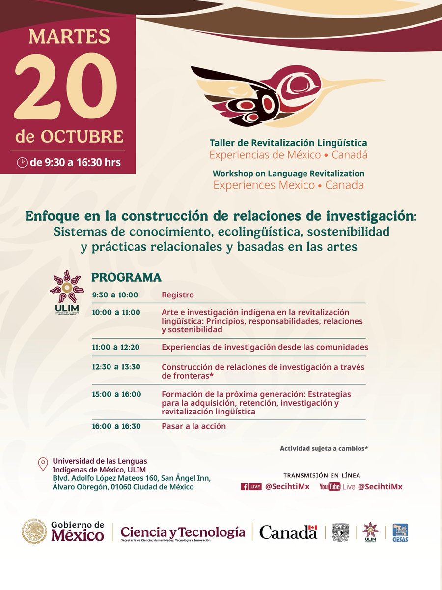 Renili_MX's tweet photo. 📍 19 de octubre | Instituto de Investigaciones Filológicas, UNAM
📍 20 de octubre | Universidad de las Lenguas Indígenas de México (ULIM) 📍 21 de octubre | CIESAS – Casa Chata

Registra tu asistencia: https://t.co/ZULkXBWDjh https://t.co/gxrfCFAj6K