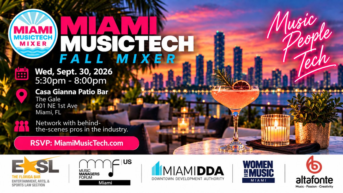 MMFUS's tweet photo. 📷🎶 Join #mmfus @miamimusictech Fall Mixer - Wed-Sept 30 (5:30pm–8pm) at Casa Gianna Patio Bar

🤝🏻Network w/ #musicindustry pros, artists, execs &amp; creators from @EASLonline @womeninmusicorg &amp; @mmfus for connections &amp; cross-industry collaboration

🎟️ RSVP: https://t.co/OZkvfsFh9r https://t.co/tgun5bnMY4