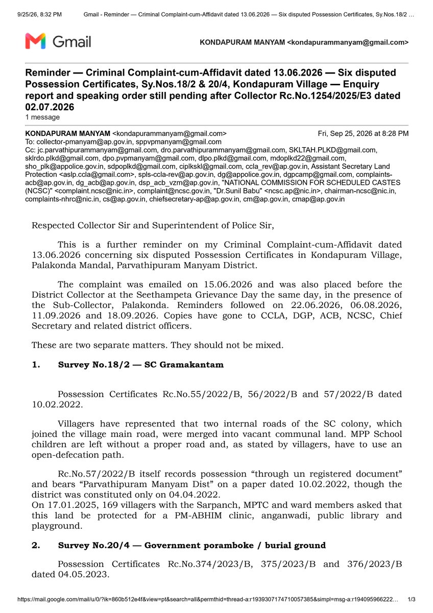 KONDAPURAM369's tweet photo. @collectormanyam @NCSC_GoI @AndhraPradeshCM
Two papers. Same silence.
25.09.2026 - reminder email on the Criminal Complaint-cum-Affidavit dated 13.06.2026, citing Collector Rc.1254/2025/E3 dated 02.07.2026. 
Sent to Collector, SP, NCSC, CMO, CCLA.

28.09.2026 — NCSC File ESDW/BP/AP/2025/312709. Custom Letter to the same Collector: no report since the 06.11.2025 notice and the 27.02.2026 reminder. 
Ten days to reply, or a hearing.

The district cannot tell the Commission the file is old and tell the complainant the file is under enquiry. 
One speaking order on six certificates closes both.

https://t.co/i1hWMymfYA #KondapuramAsks