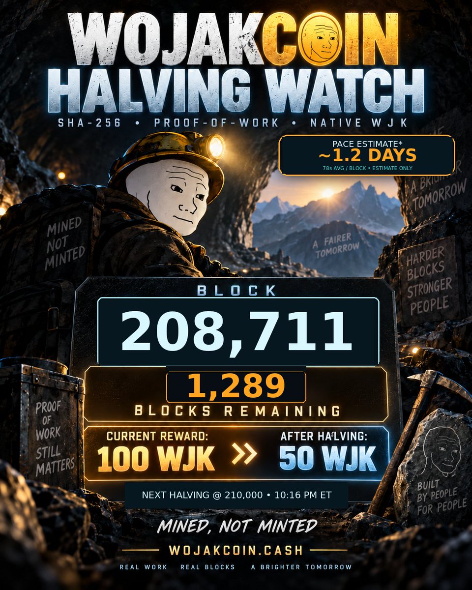 WojakCoin2017's tweet photo. Halving watch ⛏️ 10:16 PM ET snapshot: native WJK block 208,711; 1,289 to the first reward cut at 210,000 (100 → 50 WJK). Chain pace decides the timing. What should we track next—hashrate, miner setups, or block pace? https://t.co/V1NSOYEHsB #WojakCoin #WJK https://t.co/2OAIBwhW9T