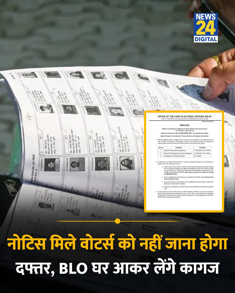 news24tvchannel's tweet photo. SIR में नोटिस मिले वोटर्स को अब नहीं जाना पड़ेगा ERO और AERO दफ्तर

◆ BLO खुद वोटर्स के घर आकर कागज इक्ट्ठा करेंगें

◆ दिल्ली स्थित मुख्य निर्वाचन अधिकारी की तरफ से जारी की गई एक नोटिफिकेशन में दी गई जानकारी

#Delhi | Delhi | #ElectionCommission | Election Commission | SIR | #SIR