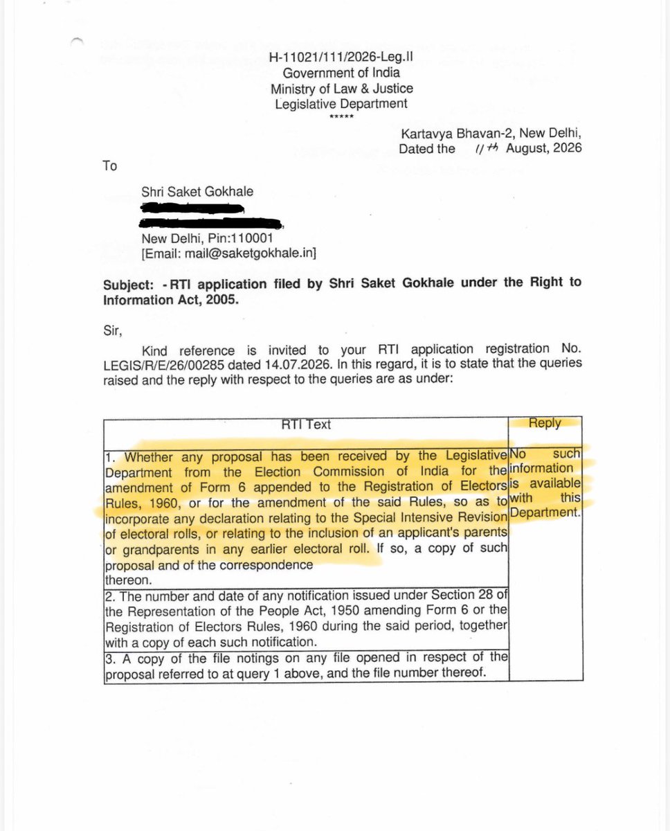 SaketGokhale's tweet photo. CEC Gyanesh Kumar CAUGHT LYING AGAIN. 

In July 2026, the ECI added a new “declaration” to Form 6 (used for adding new voters). In this declaration, voters were asked about details of their parents/grandparents in the last SIR. 

Under law, Form 6 can be changed only through an amendment. This is because Form 6 forms a part of Registration of Electors Rules, 1960 which can ONLY be amended by Parliament. 

👉 I asked the Govt of India whether the ECI had written to them for changing Form 6. Answer - NO. 

👉 Further, Gyanesh Kumar now claims that SC “upheld the ECI’s power to change Form 6”. That is FALSE. Because the SC judgment came in May 2026. And Form 6 was changed two months later in July 2026. 

How can the SC “uphold” an action by ECI that has not even been taken yet? 

Gyanesh Kumar is a criminal who is responsible for destroying the democratic foundation of India. Even his fellow Election Commissioners have spoken up against his actions which are directed by Amit Shah personally. 

Gyanesh Kumar must be thrown in jail for his crimes.