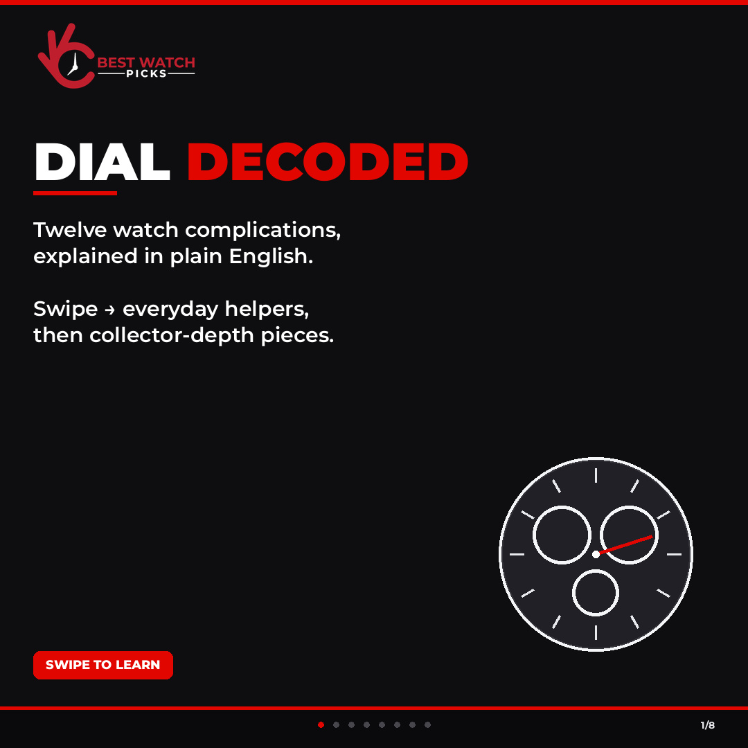 bestwatchpicks's tweet photo. Dial Decoded: 12 watch complications in plain English.

Date, chrono, GMT, moonphase, tourbillon — swipe/save so the next “complications” listing actually makes sense.

https://t.co/3xnocJy8aZ https://t.co/SsF8JhCU1T
