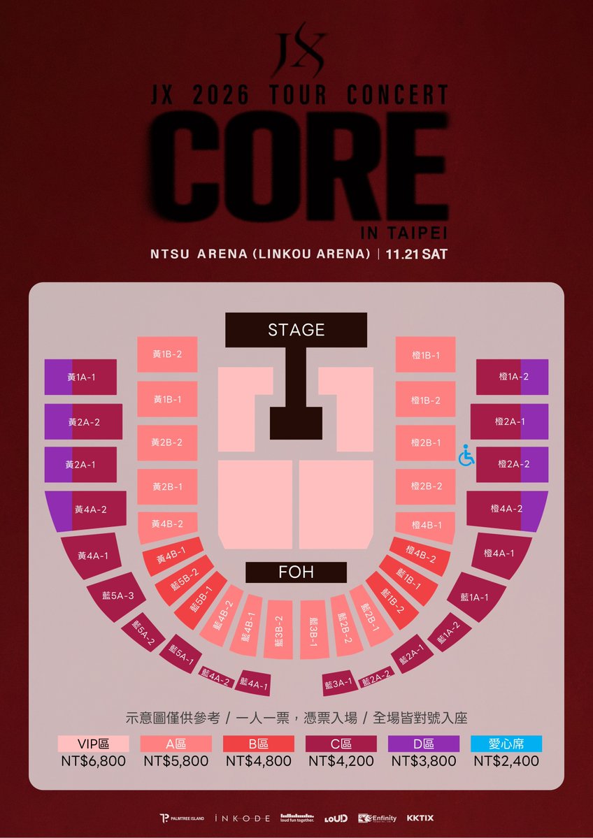 LFT_official_'s tweet photo. JX 2026 TOUR CONCERT <CORE> IN TAIPEI

還記得那個最初觸動你的時刻嗎

陪伴了正在挑燈夜戰的你
鼓舞了當時孤身打拼的你
撫慰了處於沮喪低潮的你

那一個，接住你的、感動你的、溫暖你的
是夜深人靜時的安定力量，也是喧囂熱鬧時的氣氛助攻

如果人生是一道數學題，相遇的緣份是加法，重逢的機率是乘法
那個最初觸動你的時刻是什麼呢
11月21日，歡迎大家來到這場期待已久的重逢，一起寫下屬於你我的答案

演出時間：2026年11月21日(六) 19:00 (實際演出時間以現場公告為準)
演出地點：國立體育大學綜合體育館 NTSU Arena (林口體育館)
活動票價：NT$ 6,800 / NT$ 5,800 / NT$ 4,800 / NT$ 4,200 / NT$ 3,800 / NT$ 2,400 (愛心席) (全區座席)
主辦單位：LOUD CORPORATION / 無限帝國娛樂傳媒有限公司

🎫 Membership官方會員預購 (Weverse會員優先購票)
預購系統：KKTIX
預購登記：2026年9月29日(二) 10:00至2026年10月3日(六) 23:59
預購時間：2026年10月17日(六) 10:30至23:59
Membership官方會員預購登記連結：
https://t.co/81ImAzVQXN
https://t.co/AFsVyxERtd
★ 須加入Weverse成為Membership官方會員，並確保有效會員資格至預購截止為止
★ 請務必留意登記及預購時限，優先購票登記成功者才可參與，無法保證座位排號一定優於正式售票；登記成功並不保證成功購票，票券數量有限，售完為止
★ 每人/每帳號限購4張門票(含Membership官方會員預購限購2張）；於開演前5天開放取票

🎫 全面開賣
售票系統：KKTIX / 全家便利商店Famiport
購票連結：網頁建置中
售票時間：2026年10月18日(日) 12:30

活動相關資訊，敬請密切留意 Enfinity Entertainment 粉絲專頁
https://t.co/B3cCQtYwZl
https://t.co/KzqEUXaSxv
https://t.co/XR2QMJvdOB

#JX_Concert_Taipei #enfinity_ent
#JX_CORE #JX #Jaejoong #XIA #Kimjaejoong #KimJunsu #金在中 #金俊秀
#LOUDFUNTOGETHER