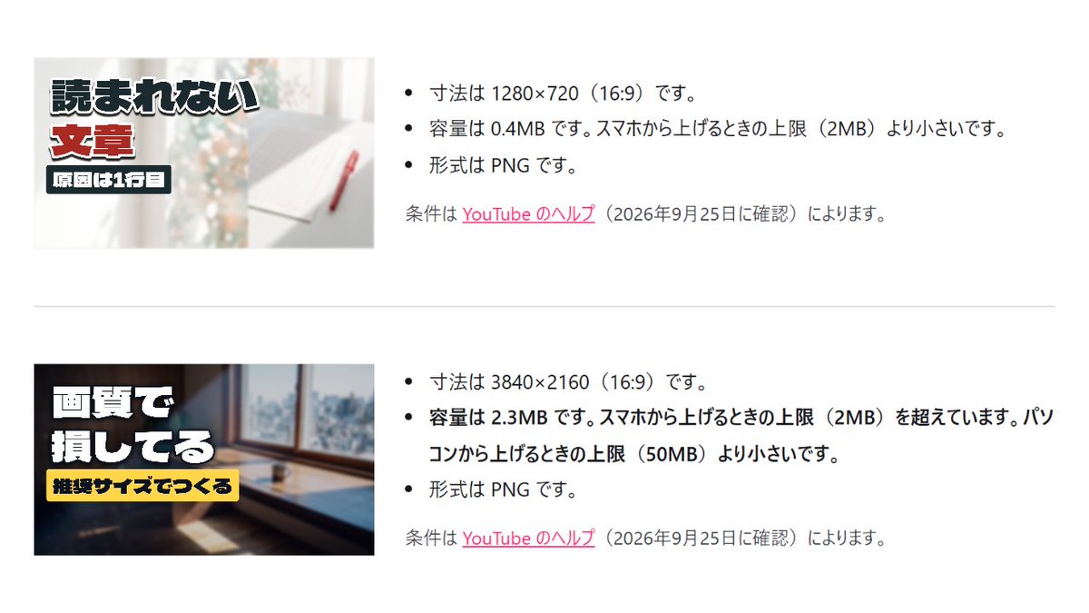samunerujp's tweet photo. スマホから上げるサムネの上限は2MB。パソコンからなら50MB。

サムネるの1280×720のPNGは、0.2〜1.6MBで、どれも2MB未満。3840×2160は、2.2〜8.7MBで、すべて超えた。

見え方チェックは、上げる前に容量を上限と並べる。ログイン不要。画像はサーバーへ送りません。
https://t.co/Xg4YDejzZl https://t.co/AhN3JzxlOB