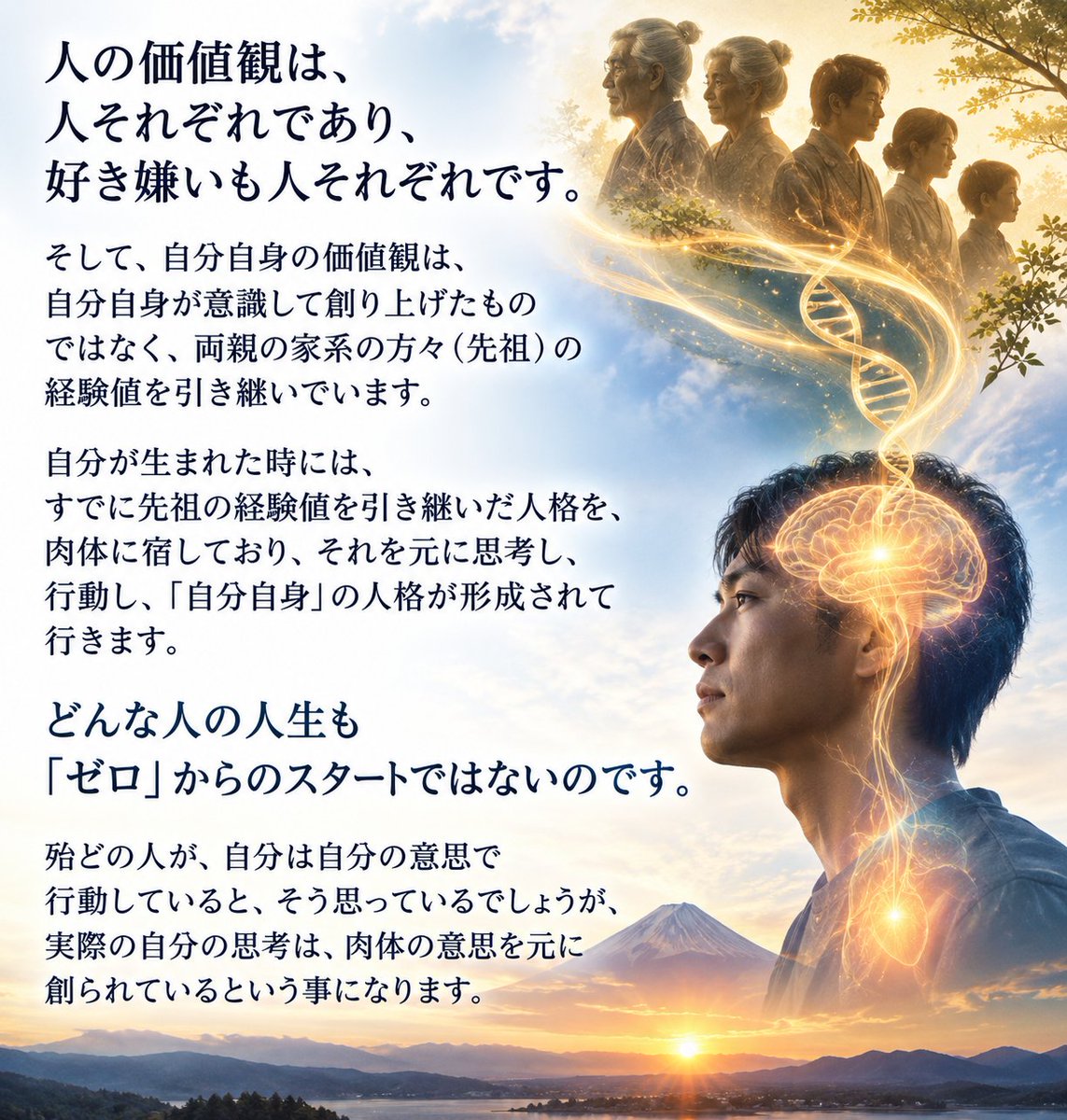 xh4TYZc775r8xMb's tweet photo. 人の価値観は、人それぞれであり、好き嫌いも人それぞれです。そして、自分自身の価値観は、自分自身が意識して創り上げたものではなく、両親の家系の方々（先祖）の経験値を引き継いでいます。自分が生まれた時には、すでに先祖の経験値を引き継いだ人格を、 https://t.co/fSy2qvuWH3