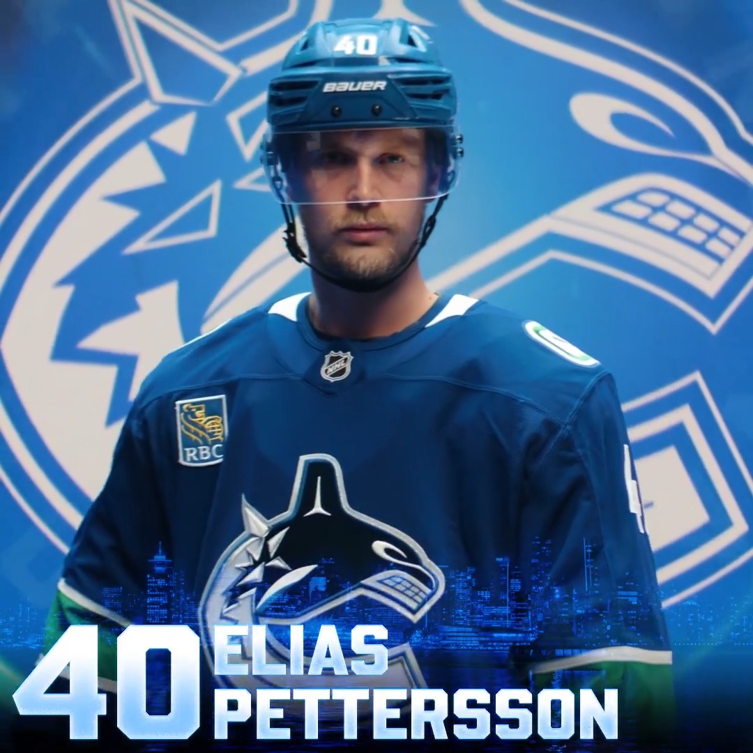 The image is a promotional graphic featuring Vancouver Canucks player Elias Pettersson in his blue #40 jersey and helmet, with text at the bottom reading "40 ELIAS PETTERSSON." The "PETEY JOINS THE PARTY" caption ties in with the nickname "Petey" celebrating Pettersson, likely marking a milestone or significant moment in his career.