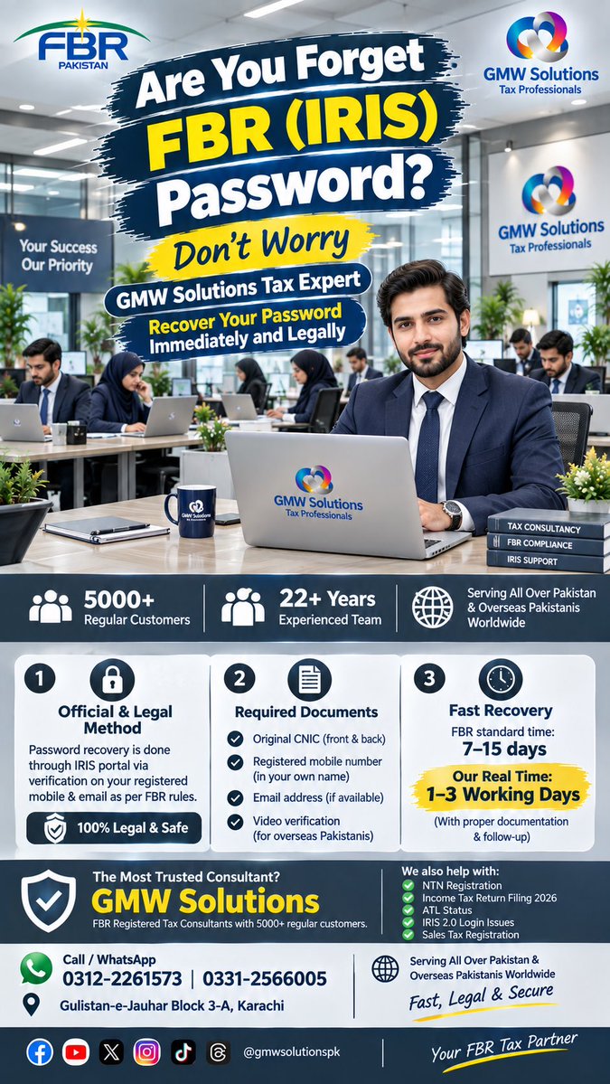 gmwsolutionspk's tweet photo. FBR IRIS Password Reset 2026 - Forgot Password?  24 hours Recovery
FBR IRIS OTP Not Coming? 
How to Recover Password Legally in 2026. CONTACT GMW SOLUTIONS. #IRISForgotPassword #FBROTPNotComing #IRISLoginFailed #FBRPasswordRecovery #IncomeTaxReturn2026 #GMWSolutions https://t.co/SBCuKbHPLi