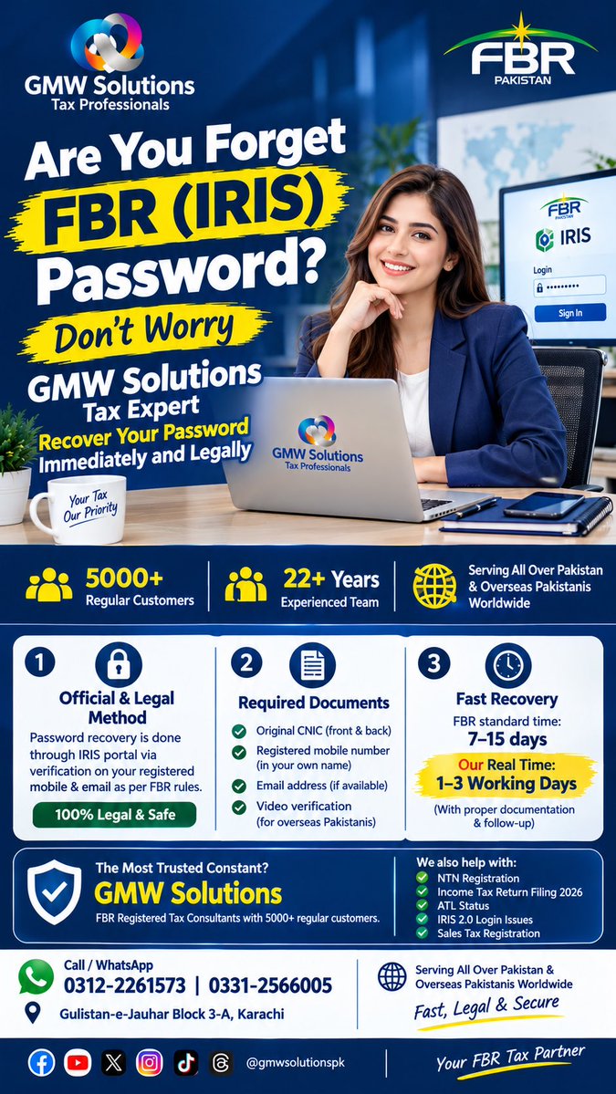 gmwsolutionspk's tweet photo. FBR IRIS Password Reset 2026 - Forgot Password?  24 hours Recovery
FBR IRIS OTP Not Coming? 
How to Recover Password Legally in 2026. CONTACT GMW SOLUTIONS. #IRISForgotPassword #FBROTPNotComing #IRISLoginFailed #FBRPasswordRecovery #IncomeTaxReturn2026 #GMWSolutions https://t.co/SBCuKbHPLi