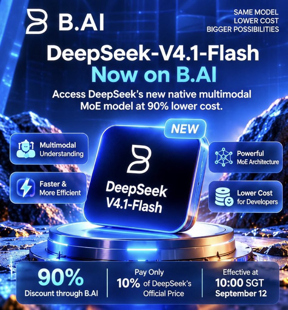 ObinaGMI's tweet photo. 𝗪𝗵𝗲𝗻 Lower AI Costs Create More Room To Build With DeepSeek

Model capability is only one part of the AI equation. The other part is whether developers can afford to actually use that capability at meaningful scale.

The graphic highlights DeepSeek-V4.1-Flash now available through https://t.co/89tf2SXB5X, describing it as a native multimodal Mixture-of-Experts model and showcasing a 90% discount through https://t.co/89tf2SXB5X, with users paying 10% of the stated official price during the promotion shown.

That difference in cost can change how developers approach experimentation.

𝗧𝗵𝗲 Economics Of Experimentation

When inference costs are high, developers may limit API calls, reduce testing, or avoid experimenting with ideas that require heavy model usage.

Lower costs can change that equation:

Lower Cost → More Experiments → More Iteration → More Applications

Instead of treating every API request as a significant expense, developers have more room to test prompts, build prototypes, compare workflows, and refine applications.

𝗪𝗵𝘆 The Model Architecture Matters

The graphic also highlights several characteristics of DeepSeek-V4.1-Flash, including multimodal understanding, a Mixture-of-Experts architecture, and efficiency-oriented performance.

Multimodal capability is particularly interesting because AI applications increasingly need to work beyond plain text. Images, documents, structured information, and other inputs can become part of increasingly complex workflows.

That creates a broader development loop:

Multimodal Model → API Access → Experimentation → Applications → Real-World Use

𝗕.𝗔𝗜 As The Access Layer

This is where platforms like https://t.co/89tf2SXB5X become important. The model itself provides the capability, while the infrastructure determines how easily developers can access and integrate that capability.

The promotion shown in the graphic was scheduled to take effect September 12 at 10:00 SGT, so current pricing and availability should be checked directly with https://t.co/89tf2SXB5X.

The bigger idea remains relevant: AI innovation does not only depend on smarter models. It also depends on making those models practical enough for more people to experiment with.

@BAI_AGI @justinsuntron #TRONEcoStar