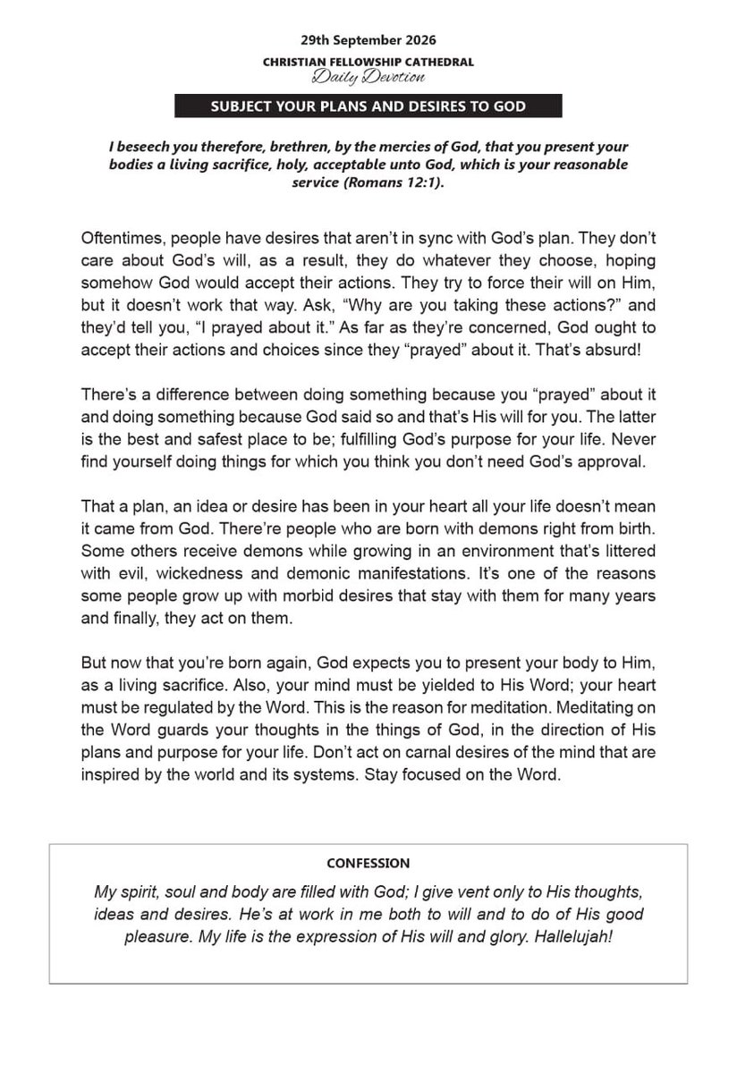 CFCFORTPORTAL's tweet photo. Christian Fellowship Cathedral (CFC)
Fort Portal
Daily Devotion (29th September 2026)
Subject Your Plans And Desires To God
#CFCDailyDevotion
#TheGospelOfTheKingdom
#2026_JesusOurWisdom https://t.co/RqqGjLJOZz