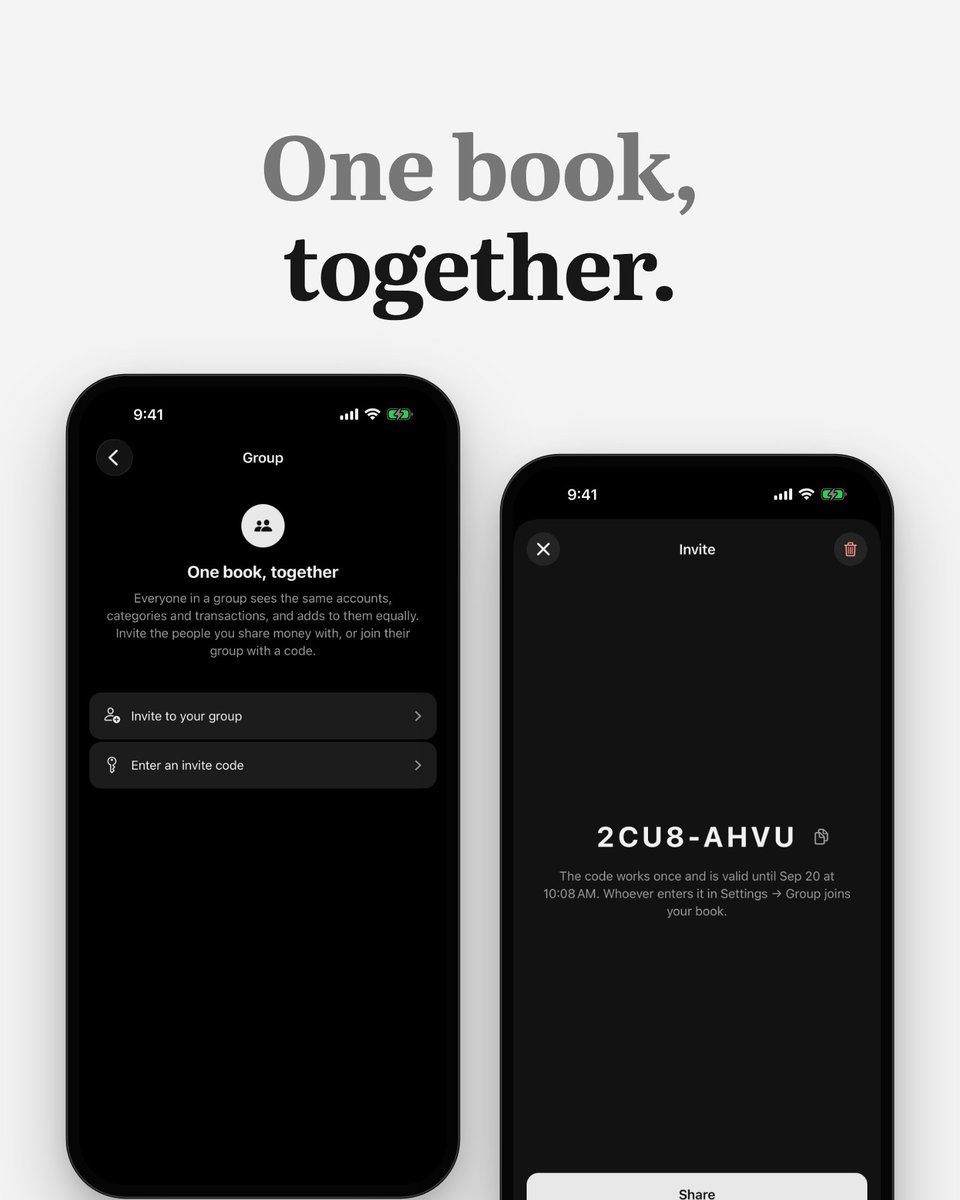 topfapp's tweet photo. One book for the people you share money with. Everyone sees the same accounts, categories and transactions, and adds to them.

Invite someone with a one-time code, valid for 48 hours. Inviting takes Topf Plus; joining is free. https://t.co/vlGEV1C1cH