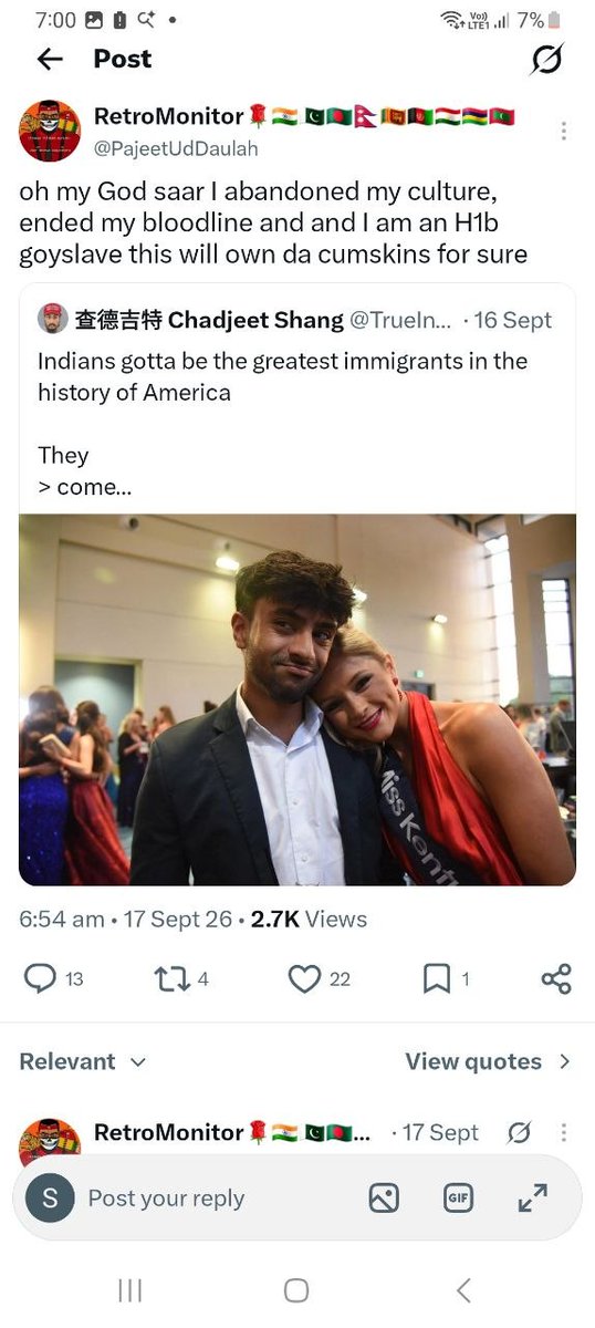 Tv999o's tweet photo. @PajeetUdDaulah @Shvom11 CIA Agent ricebag kanglu stop defending your white male fathers
Indian men will continue to ruin your white fathers bloodline and this only hurts white men and poopjeetas 
You're a CIA Christian trying to help whites stay pure https://t.co/aItcDvHv9n