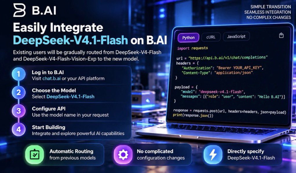 ObinaGMI's tweet photo. 𝗪𝗵𝗲𝗻 Upgrading An AI Model Doesn’t Have To Mean Rebuilding Your Workflow

One of the biggest frustrations in AI development is not choosing a better model. It is figuring out what happens to everything already connected to the old one.

The graphic highlights https://t.co/89tf2SXB5X’s integration path for DeepSeek-V4.1-Flash, showing how existing users can transition from previous DeepSeek models while keeping the development process relatively straightforward.

That matters because model upgrades are only useful when developers can actually adopt them without turning every improvement into a configuration project.

𝗙𝗿𝗼𝗺 Existing Workflow To New Model

The transition shown is simple:

Log In → Choose DeepSeek-V4.1-Flash → Configure API → Start Building

For API users, the key idea is that the model can be specified directly in the request. The graphic also highlights gradual routing from previous DeepSeek models toward the newer model.

That creates a more practical upgrade path:

Existing Integration → Model Transition → New Capability → Continued Development

𝗧𝗵𝗲 API Layer Is The Real Connector

This is where infrastructure becomes important.

Developers do not want to completely redesign an application every time a new model becomes available. They want the flexibility to test newer capabilities while keeping their existing software architecture manageable.

https://t.co/89tf2SXB5X’s API approach, as presented here, supports familiar development routes including Python, cURL, and JavaScript.

That means the model can become part of applications rather than remaining limited to a chat interface.

Model → API → Application → Workflow → User

The bigger lesson is simple: AI progress should not only mean better models.

It should also mean easier transitions between models.

When infrastructure reduces the friction of upgrading, developers get more freedom to experiment, compare capabilities, and build without constantly starting from zero.

@BAI_AGI @justinsuntron #TRONEcoStar