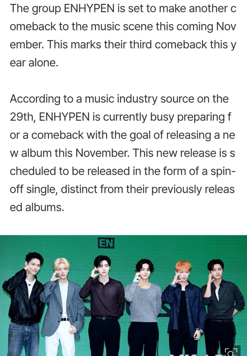 YunieKazz's tweet photo. ENHYPEN COMEBACK IN NOVEMBER!

The group ENHYPEN is set to make another comeback to the music scene this coming November. This marks their third comeback this year alone.

🔗: https://t.co/XpUI7mewJK

 #ENHYPEN #엔하이픈 https://t.co/oQQXZ6M8Sb