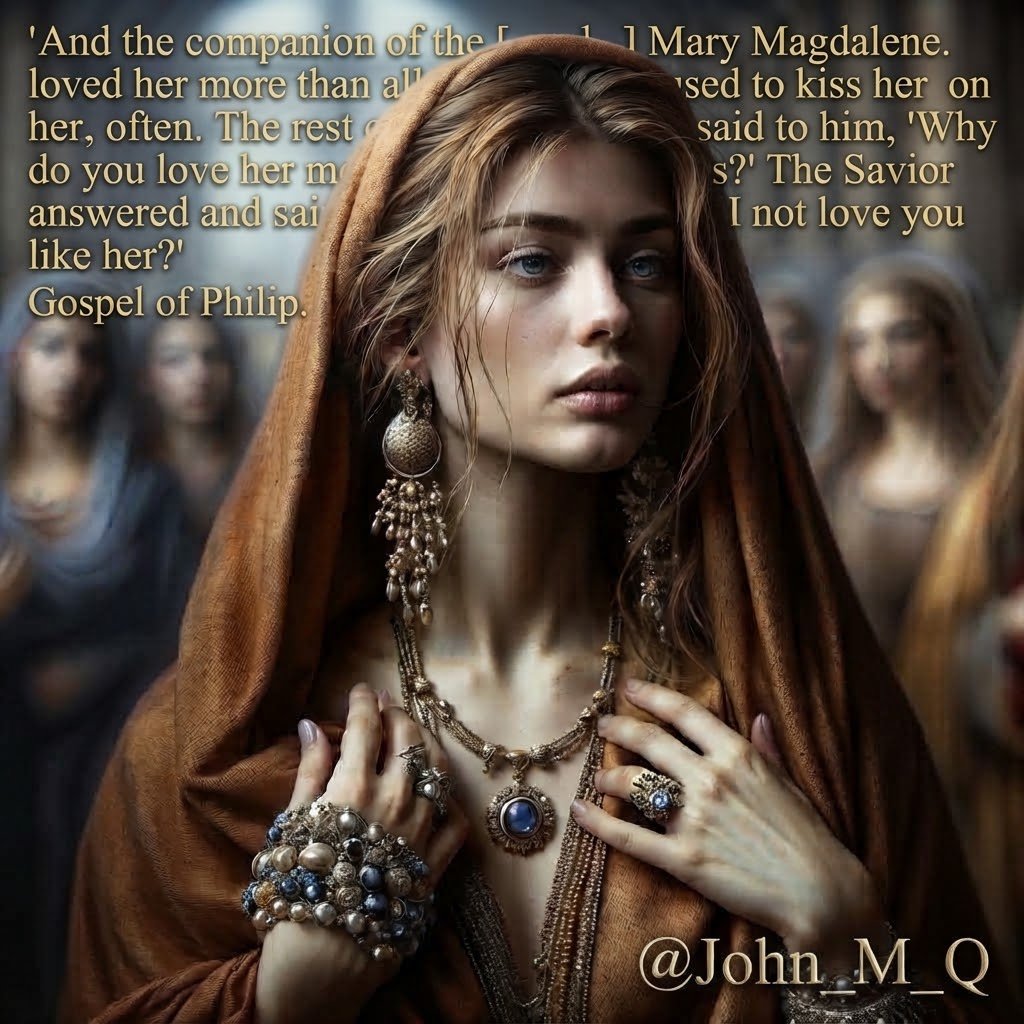 John_M_Q's tweet photo. And the companion of the [...] Mary Magdalene. [...] loved her more than all the disciples, and used to kiss her on her [...] often. The rest of [...] said to him, 'Why do you love her more than all of us?' The Savior answered and said to them, 'Why do I not love you like her?'" https://t.co/dMpNAisVRi