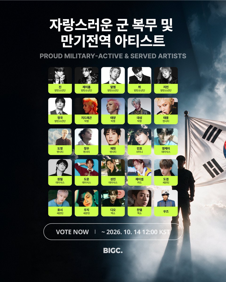 BIGCChoice's tweet photo. 📢 충성! 10월 1일은 국군의 날입니다. 그래서 특별하게 준비했습니다! 📢
✨자랑스러운 군 복무중 혹은 만기전역한 아티스트에게 투표하고 리워드 선물하십쇼!

🗳️https://t.co/cr0N51ODw1

지금 빅���에서 테마투표 진행 중!
📆 ~10월 14일 12:00 PM
🎁 명동역 6번 출구 쇼핑 스트리트 + 6.25 참전유공자회 기부캠페인
--

📢 Salute! October 1st is Armed Forces Day. We've prepared something special for this occasion! 📢
✨ Vote for your proud Military-Active & Served Artists and Give the gift of a reward!

🗳️https://t.co/cr0N51ODw1

BIGC Theme Voting Open Now!
📆 ~October 14th, 12:00 PM KST
🎁myeongdong station exit 6th shopping street
+ 6.25 War Veterans Association Donation Campaign open

#빅크 #빅크초이스 #BIGC #BIGC_CHOICE