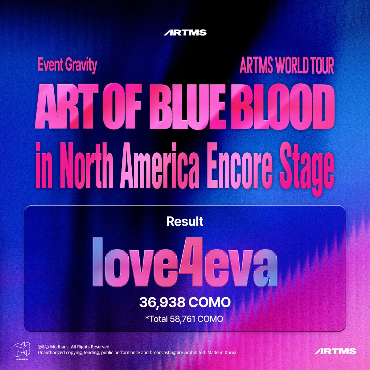 official_artms's tweet photo. ARTMS
Event Gravity
Art of BLUE BLOOD
in North America Encore Stage

🏅 Final Result
love4eva

#ARTMS #아르테미스 #OURII https://t.co/PfZaA9BVjy