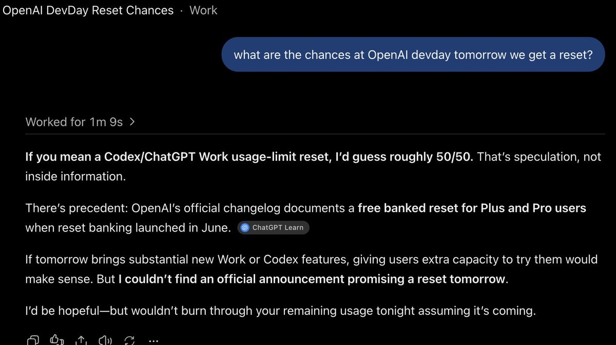 toddsaunders's tweet photo. ChatGPT says don't burn through my tokens tonight, but I'm betting on a reset at dev day tomorrow. https://t.co/K4paOu6F1w