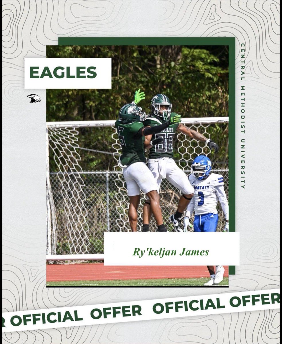 Rykeljan_7James's tweet photo. Blessed to receive my first offer from Central Methodist University. #AllGloryToGod @coach_dewayne @cmueaglesFB @RhettCaruthers @WWMHFootball352 https://t.co/HEDJZwSciP