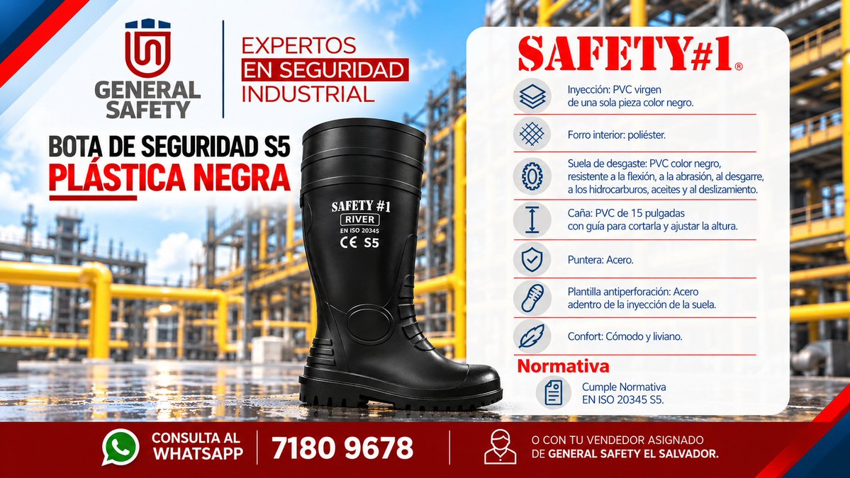 GeneralSafetyES's tweet photo. ¿Necesitas una bota de protección contra lugares con mucha agua, lodo, líquidos, suciedad o riesgos de golpes? Te ofrecemos nuestra bota negra de protección Safety #1. Consulta por ella al 7180 9678 o con tu vendedor de General Safety El Salvador. https://t.co/iDjsotDUAc