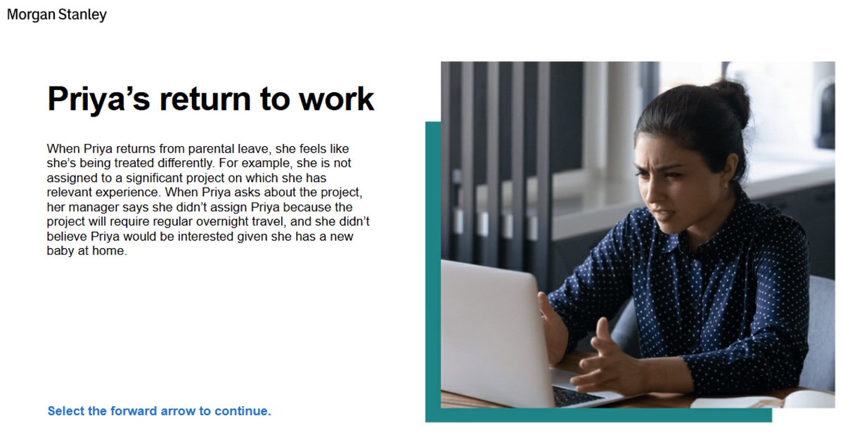 PlumbNick's tweet photo. Texas: Here’s nearly $44 million to bring 3,800 jobs to Dallas.

Morgan Stanley training:

CASTE
CITIZENSHIP
“PRIYA’S RETURN TO WORK”

You genuinely could not write the parody any better. 

I can only imagine what we are getting when their discrimination training specifically lists “caste” and “citizenship” as examples of protected characteristics.