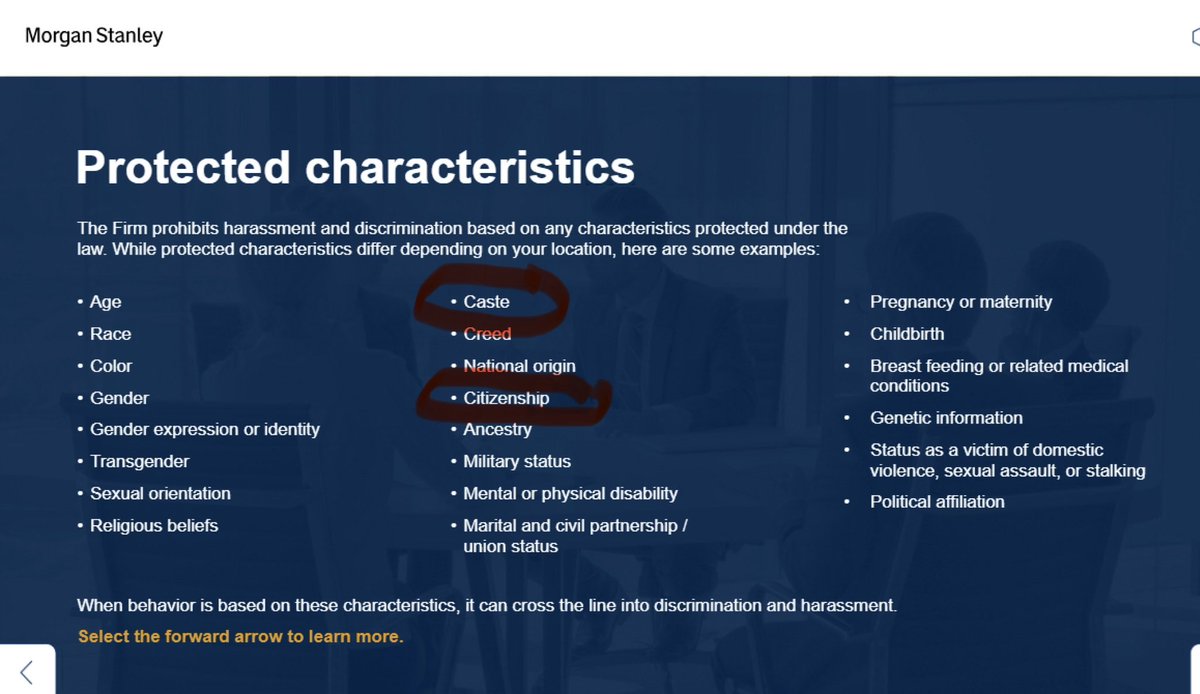 PlumbNick's tweet photo. Texas: Here’s nearly $44 million to bring 3,800 jobs to Dallas.

Morgan Stanley training:

CASTE
CITIZENSHIP
“PRIYA’S RETURN TO WORK”

You genuinely could not write the parody any better. 

I can only imagine what we are getting when their discrimination training specifically lists “caste” and “citizenship” as examples of protected characteristics.