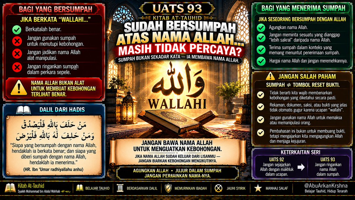 krshnasulanjana's tweet photo. 📖 UATS 93
Jika berkata “Wallahi…” → JUJURLAH.
Jangan gunakan nama Allah untuk membuat kebohongan terlihat benar.
⚠️ Sumpah juga bukan penghapus bukti.
Agungkan Allah. Jaga lisan.
#AbuArkanKrshna #KitabTauhid #BelajarTauhid https://t.co/KNVxjtxpsd