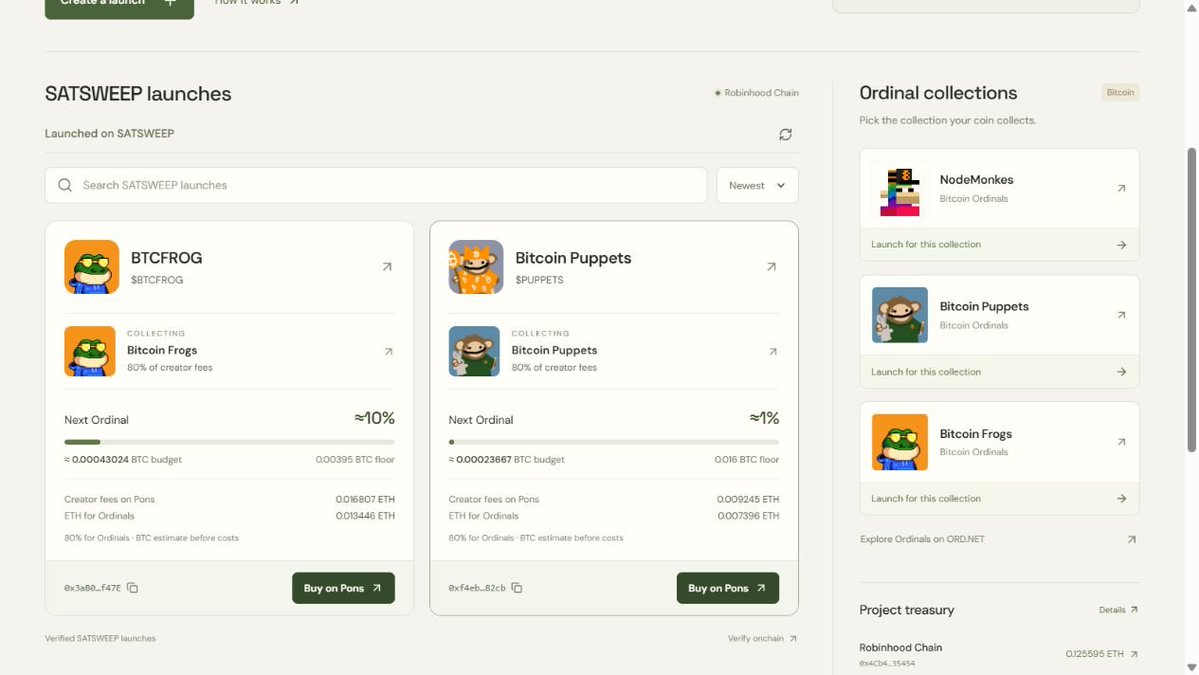satsweepio's tweet photo. Each token now shows its progress toward the next Ordinal.

The bar includes 80% of accrued Pons creator fees, shown as an estimated BTC buying budget against the collection’s floor price. https://t.co/1eOanXBbIs