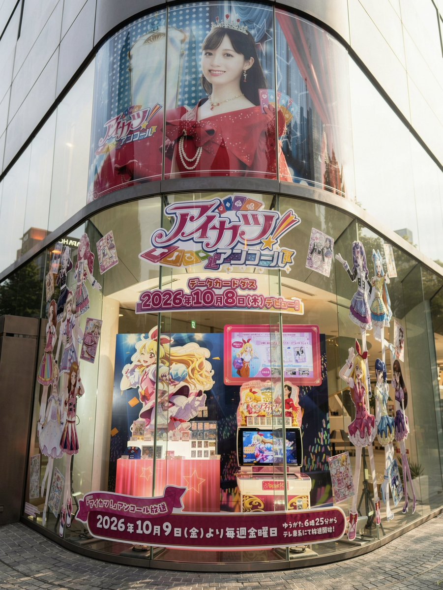 aikatsu_dcd's tweet photo. 📷展示実施中📷

バンダイ本社ビルのディスプレイが
期間限定で #アイカツアンコール　仕様に✨

近日発売予定のグッズも一挙にディスプレイ中！
 【開催期間】 ～10/25(日)

 お近くにお越しの際は、ぜひご覧ください💗

#アイカツ https://t.co/1TQ3OETSlf