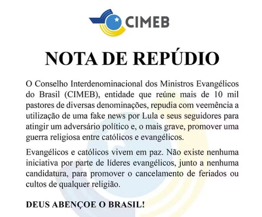 Delateinews's tweet photo. ⚠️URGENTE: CIMEB acusa Lula de usar fake news para atingir adversário político e promover uma “guerra religiosa” entre católicos e evangélicos https://t.co/XKz0jYh849