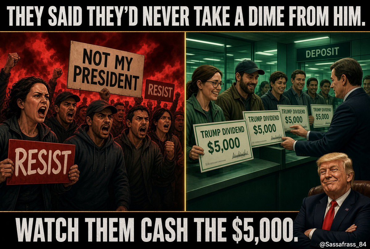 Sassafrass_84's tweet photo. Hate the man all you want.

If Republicans hold Congress and that $5,000 Trump Dividend actually goes out, a whole lot of “Never Trump” accounts will quietly deposit it.

Not because they flipped. Because five grand spends the same in every zip code.
You can keep the speech. Most people would still take the check.

Vote red.