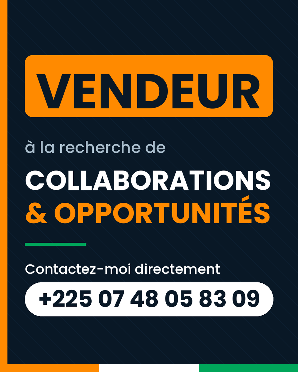 MrBriceugene's tweet photo. À la recherche de collaborations et d’opportunités professionnelles.
Je suis ouvert aux échanges, partenariats et projets pouvant créer de la valeur. Vendeur indépendant &amp; apporteur d’affaires, je suis disponible pour étudier toute opportunité sérieuse.
📞 +225 07 48 05 83 09 https://t.co/Zr6vDFY7B1