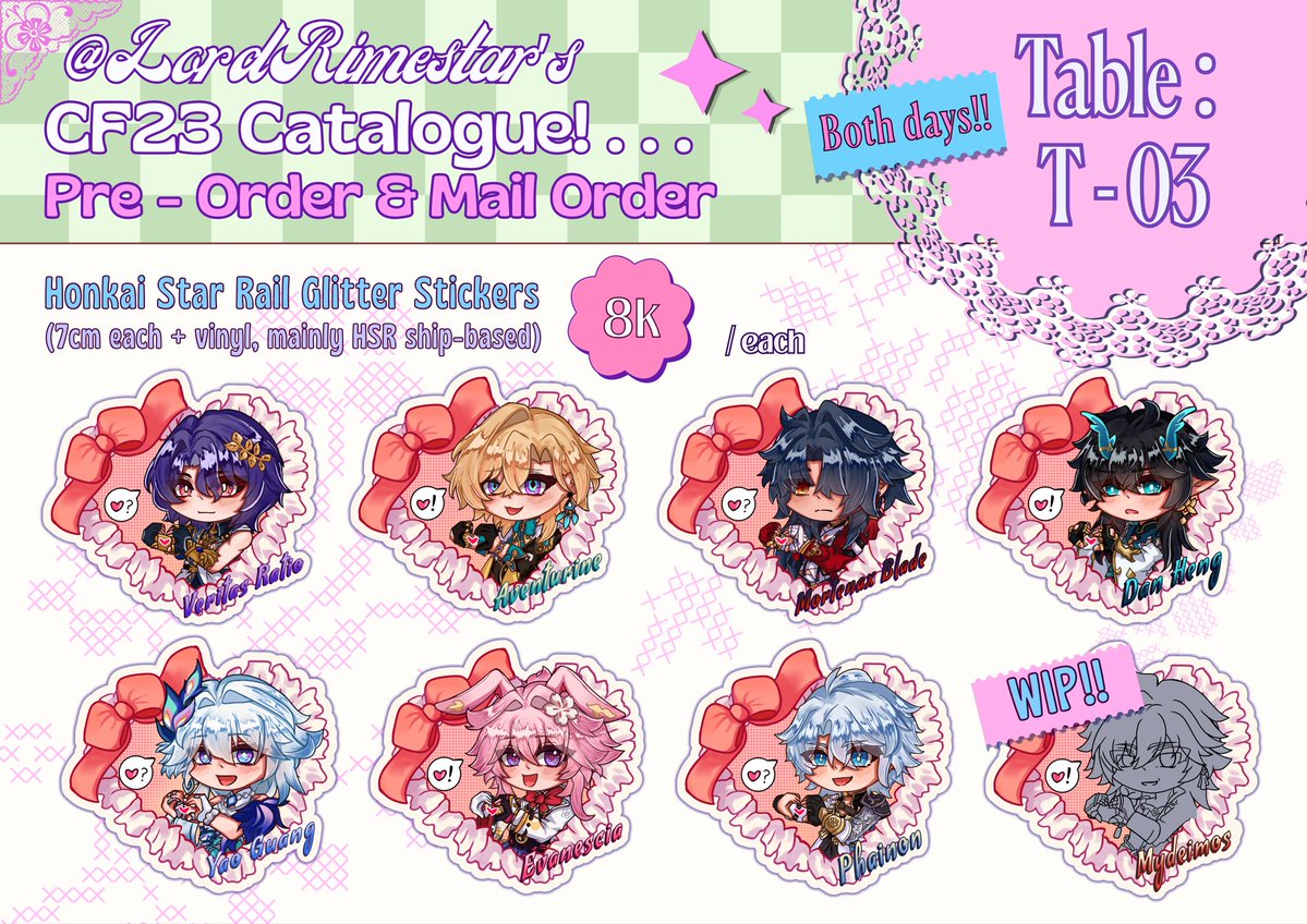 LordRimestar's tweet photo. [❤️ &amp; 🔁 are appreciated!] 
First time boothing~
LordRimestar’s #CF23 PO &amp; Mail Order (๑ᵔ⤙ᵔ๑)

🗓️29 September - 5 October 
📍Booth T-03 AB, Retro Rooster
📦PO &amp; MO (locals only!)
💫Saiki K, Witch Hat Atelier, HSR (Ratiorine, Renheng, Phaidei, EvanYao) 

Form link below! (1/2) https://t.co/UkKkvzqSN9