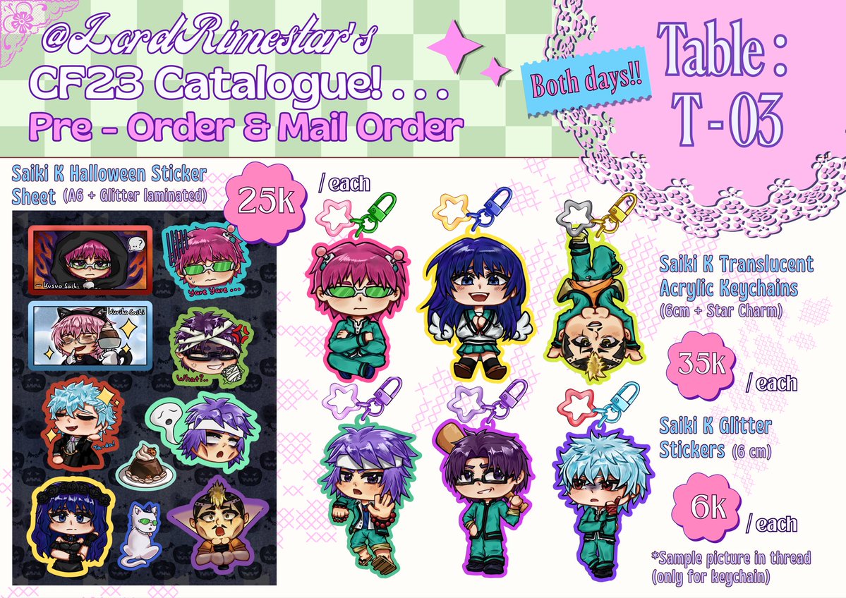 LordRimestar's tweet photo. [❤️ &amp; 🔁 are appreciated!] 
First time boothing~
LordRimestar’s #CF23 PO &amp; Mail Order (๑ᵔ⤙ᵔ๑)

🗓️29 September - 5 October 
📍Booth T-03 AB, Retro Rooster
📦PO &amp; MO (locals only!)
💫Saiki K, Witch Hat Atelier, HSR (Ratiorine, Renheng, Phaidei, EvanYao) 

Form link below! (1/2) https://t.co/UkKkvzqSN9