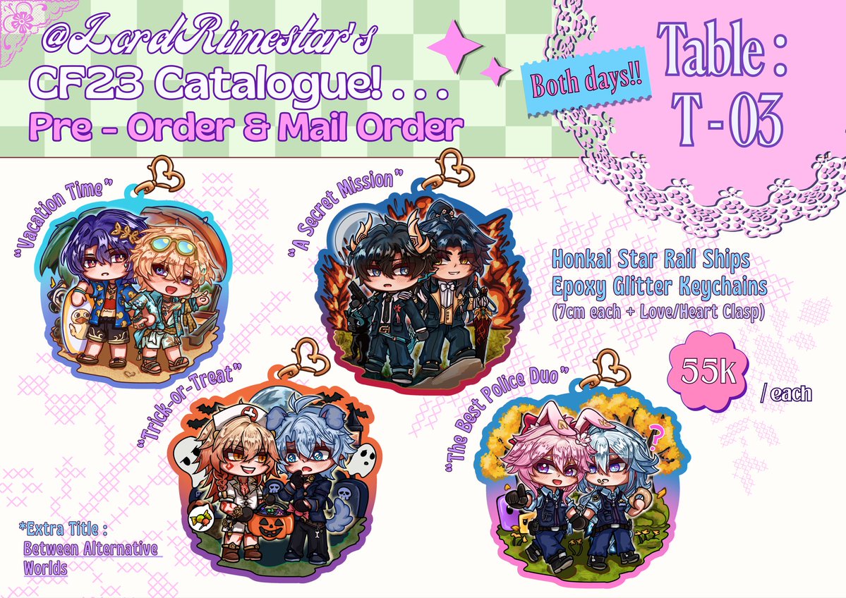 LordRimestar's tweet photo. [❤️ &amp; 🔁 are appreciated!] 
First time boothing~
LordRimestar’s #CF23 PO &amp; Mail Order (๑ᵔ⤙ᵔ๑)

🗓️29 September - 5 October 
📍Booth T-03 AB, Retro Rooster
📦PO &amp; MO (locals only!)
💫Saiki K, Witch Hat Atelier, HSR (Ratiorine, Renheng, Phaidei, EvanYao) 

Form link below! (1/2) https://t.co/UkKkvzqSN9