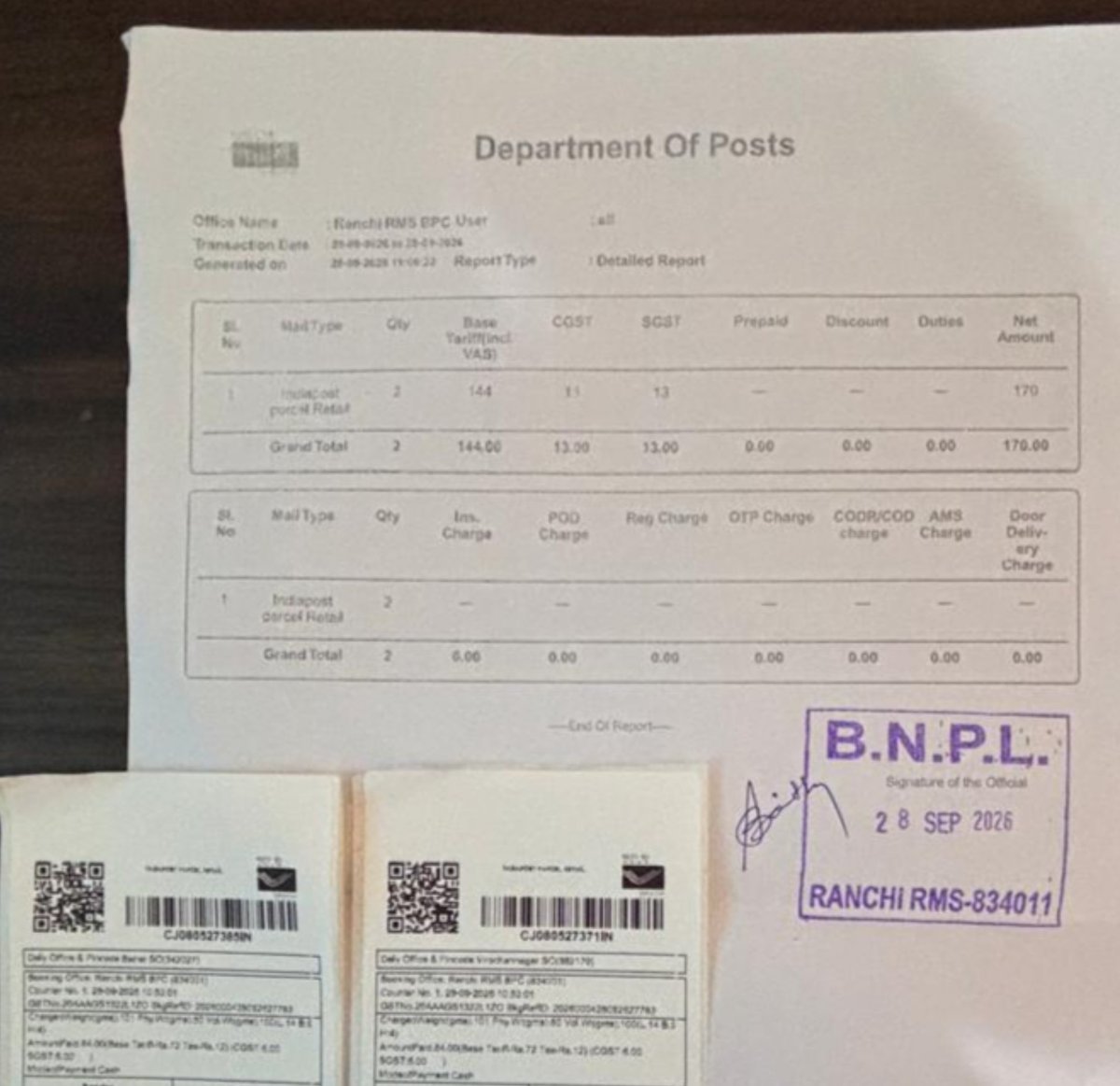 2k8Kavii's tweet photo. Booked 2 parcels from Ranchi RMS BPC. The individual labels show ₹84 each (Total: ₹168), but the generated receipt charged ₹170 (Base ₹144 + CGST ₹13 + SGST ₹13). Could you please clarify this discrepancy in pricing? 
@IndiaPostOffice @cpmgjharkhand @RailMinIndia https://t.co/pXwvSfIWYN