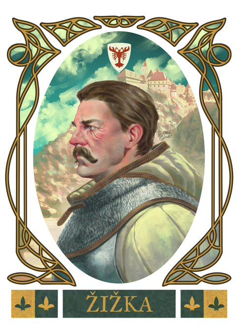 An ornate Art Nouveau-style portrait of a stern, mustachioed medieval warrior with a scarred face, framed by golden Celtic-style knotwork and labeled "ŽIŽKA" at the bottom, depicting the legendary Hussite military commander Jan Žižka with his heraldic crest and a castle on a hill behind him. The image ties to the KCD2 (Kingdom Come: Deliverance II) reference by portraying the historical figure who plays a significant role in the game's Bohemian setting.